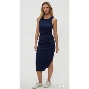 NWT Michael Stars Wren ribbed ruched midi bodycon dress navy S stretch soft